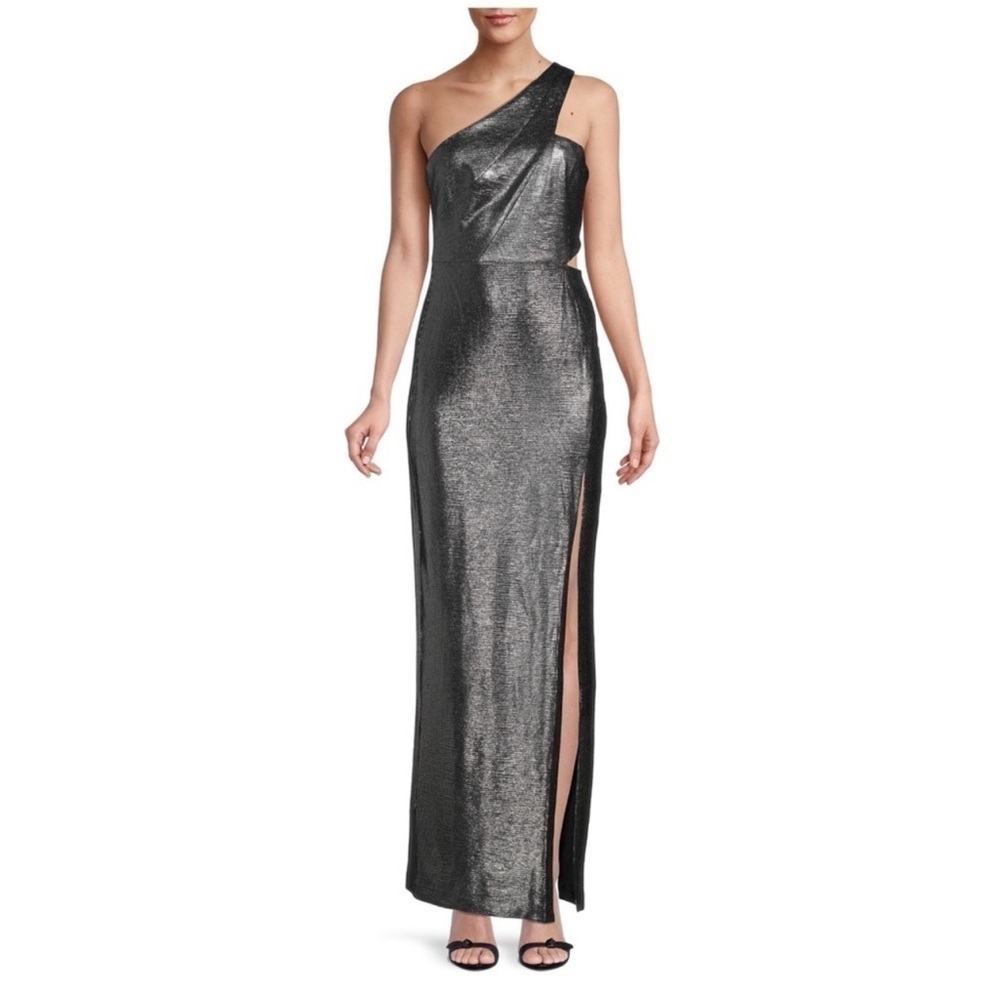NWT Gunmetal Black Foiled Aidan Maddox One Shoulder Dress